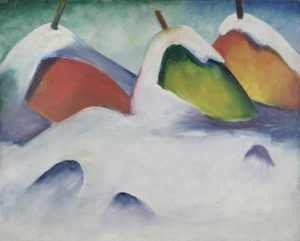 Das Ölgemelde "Hocken im Schnee" von Franz Marc, 1911, zeigt drei Heuballen die um einen Holzstab gewickelt, tief im Schnee versunken sind. einen roten links, einen grünen in der Mitte und einen orangenden rechts im Hintergrund des Grünen. Ihre Farben stehen im Kontrast zu dem kalten und matten weiß, blauen Schnee, der die untere Hälfte des Bildes einnimmt und der sie auch von oben bedeckt.
