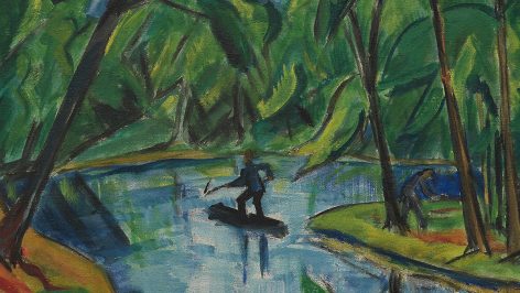 Ein Gemälde mit zwei Figuren in der Nähe eines Flusses: Die eine paddelt in einem kleinen Boot im Wasser, während die andere am Ufer steht. Die Szene befindet sich in einem üppigen grünen Wald mit hohen, stilisierten Bäumen.