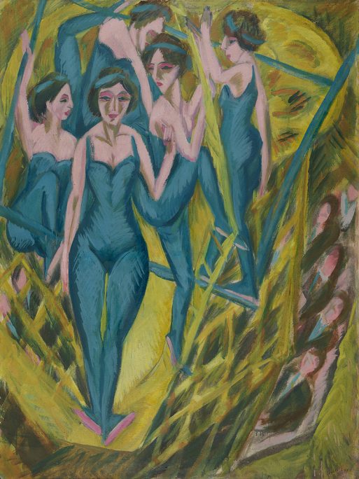 Fünf Frauen in blauen Trikots treten auf einem hell erleuchteten Zirkustrapez auf, umgeben von kantigen gelben und grünen Formen, während unten eine abstrakte Menschenmenge zusieht. Das Gemälde ist mit kühnen, ausdrucksstarken Pinselstrichen gemalt.