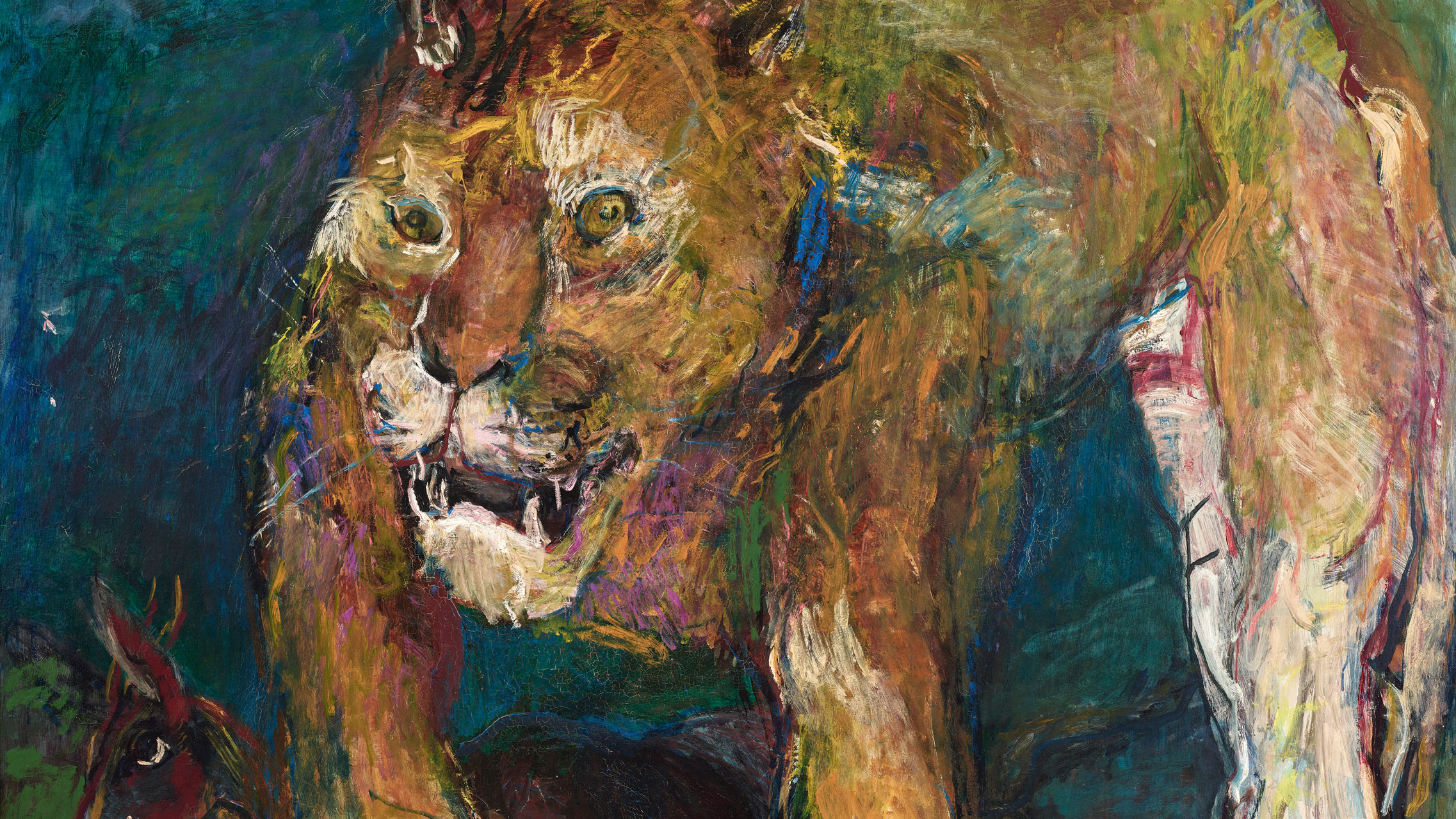 Ein ausdrucksstarkes, farbenfrohes Gemälde eines Löwen mit grimmigem Ausdruck, der seine Zähne zeigt. Der Hintergrund ist dunkel und abstrakt, mit kräftigen Pinselstrichen und Andeutungen anderer Tiere und Formen.