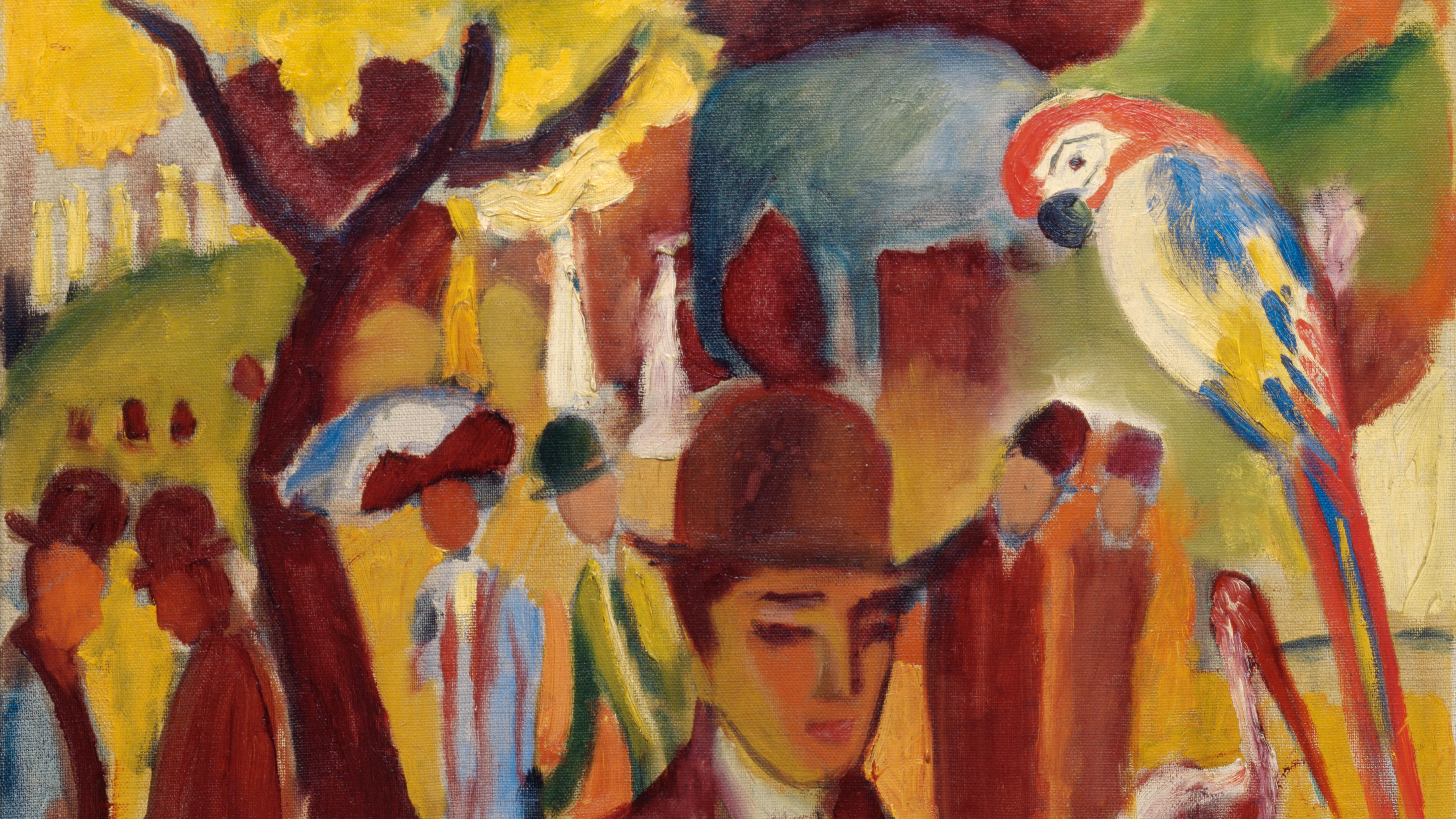 Ein buntes, abstraktes Gemälde zeigt Menschen mit Hüten, einen großen Papagei, einen Elefanten und Bäume mit gelbem Laub. Die Szene ist lebendig und surreal mit kühnen Pinselstrichen und leuchtenden Farben.