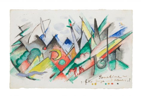Abstract watercolor painting with geometric mountain shapes, vivid colors, and angular lines. Includes a crescent moon, a red horse, clouds, and green, yellow, and red elements on a white background. Handwritten text at the bottom.