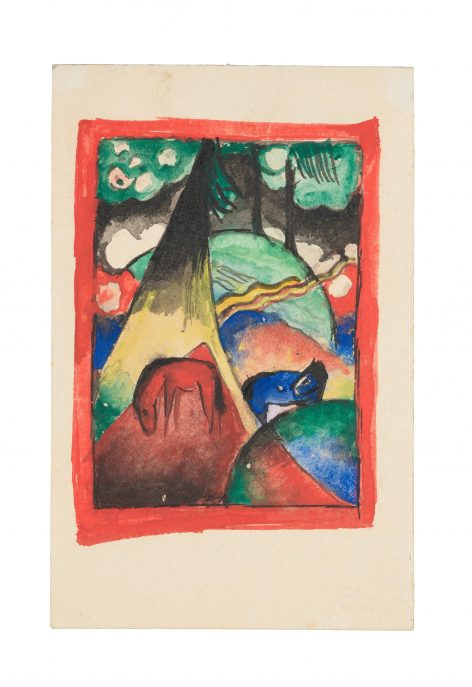 Abstract watercolor painting with vibrant colors depicting a red horse grazing near a blue animal, with a mountain, trees, clouds, and a bold red border surrounding the scene.