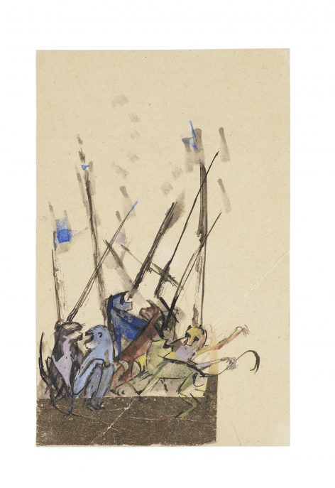 Four abstractly painted monkeys sit on the ground, holding long sticks with blue flags attached, against a plain beige background. Their poses suggest action or teamwork.