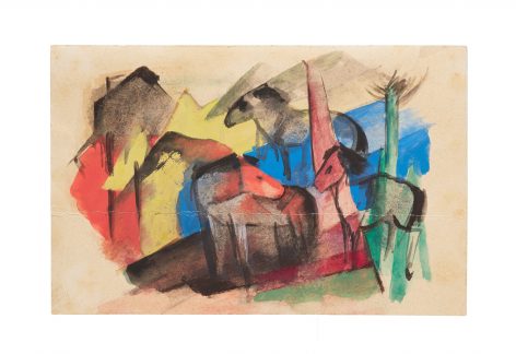 Abstract painting featuring horses in bold, angular shapes with vibrant colors including red, yellow, blue, and green, set against a neutral background. The style is expressive and dynamic, with visible brushstrokes.