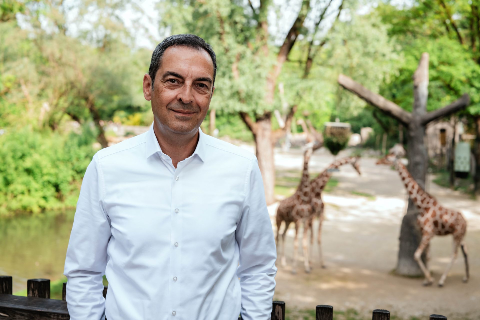Ein Mann im weißen Hemd steht im Freien vor einem Holzzaun, hinter ihm sind Giraffen und üppig grüne Bäume zu sehen - eine ideale Kulisse für einen Vortrag Geschichte der Zoos Rasem Baban.