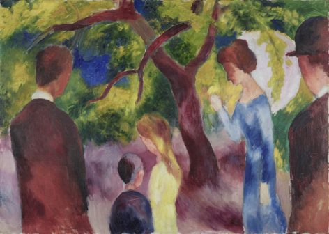 An impressionist-style painting shows five people in a park. Two men in suits, two women (one holding a white parasol), and a child stand near a tree with vibrant green, yellow, and blue foliage.