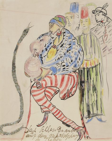 Colorful drawing of a seated snake charmer in striped red pants, playing a wind instrument to a rising snake. Three figures in robes and hats watch in the background. Handwritten text appears at the bottom.