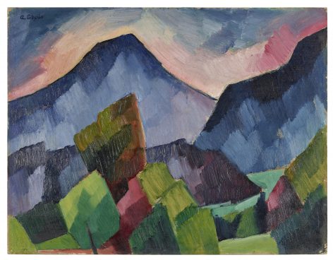 A colorful, abstract painting of a mountain landscape with geometric shapes in blue, green, and pink tones, and a dramatic, cloudy sky above.