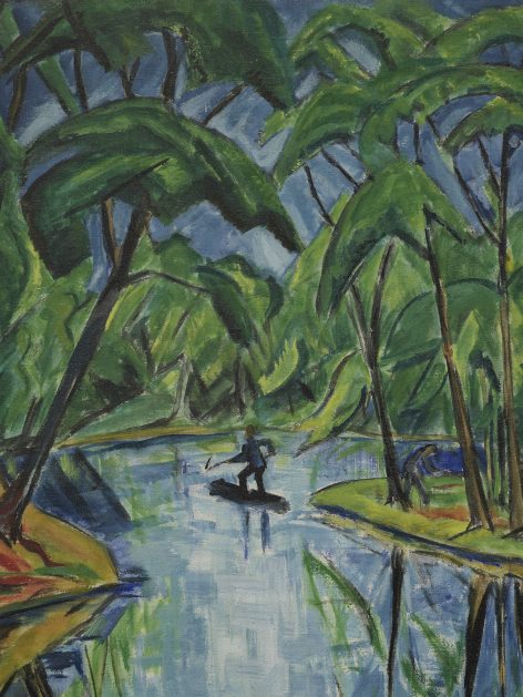 A colorful painting shows a person paddling a canoe on a calm river, surrounded by lush, green trees with bold, expressive brushstrokes and a blue sky overhead.