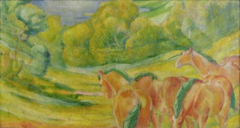 Four horses with orange and yellow tones stand in a green, grassy landscape with rolling hills and trees. The painting uses soft, blended brushstrokes and vibrant colors, creating a dreamy, impressionistic scene.