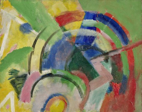Abstract painting with bold, curved shapes in red, green, blue, yellow, and pink on a textured background. The composition features overlapping arches and dynamic brushstrokes creating a sense of movement.