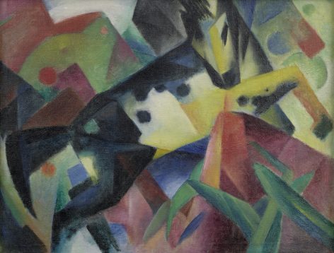 Abstract painting with overlapping geometric shapes in green, red, yellow, blue, and black tones, creating a dynamic and fragmented composition with hints of figures and sweeping motion.