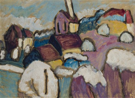 Abstract painting of a village scene with colorful houses featuring red roofs, a tall church steeple, snowy ground, and blue sky, all depicted with bold brushstrokes and expressive colors.