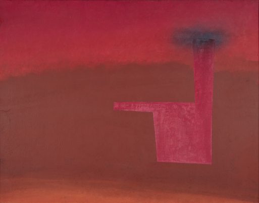 Abstraktes Gemälde mit einem dominanten roten und orangenen Farbverlauf im Hintergrund. Eine rosafarbene geometrische Form, die an einen eckigen Stuhl oder eine Struktur erinnert, befindet sich auf der rechten Seite, darüber ein dunkler, rauchiger Fleck. Die Gesamtwirkung ist warm und stimmungsvoll.