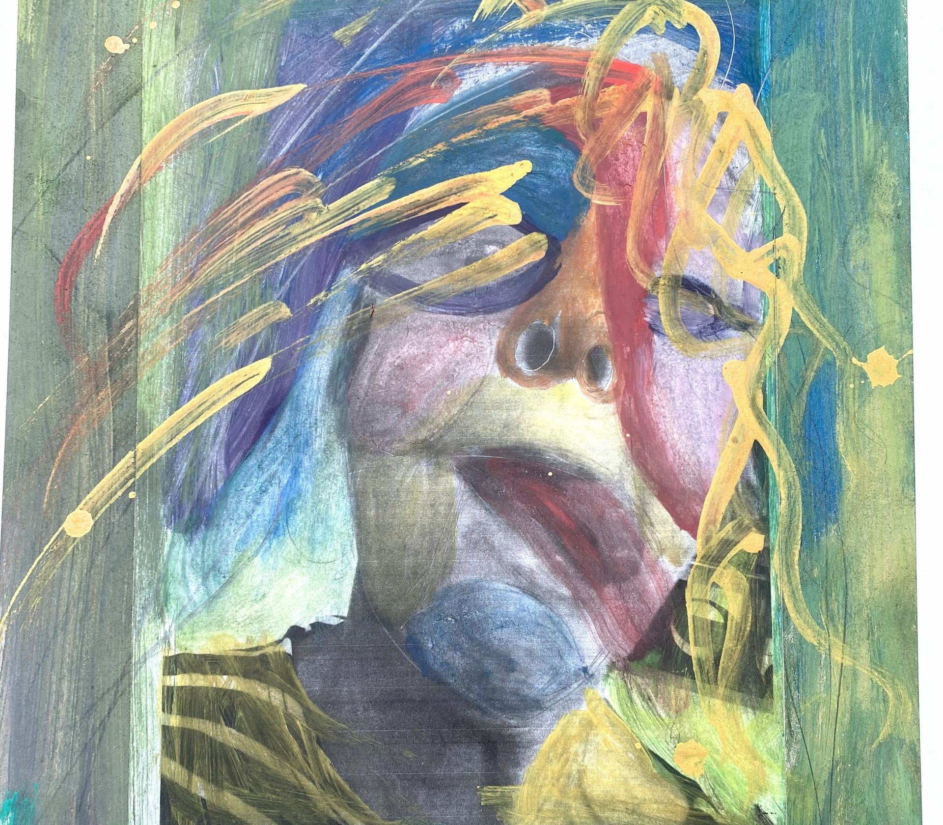 Abstraktes Gemälde eines verzerrten Gesichts mit übertriebenen Gesichtszügen, bunten Pinselstrichen in Gelb, Rot und Blau und einem grünen Hintergrund. Das Gesicht wirkt ausdrucksstark, mit kühnen, geschwungenen Linien und verschwommenen Details.