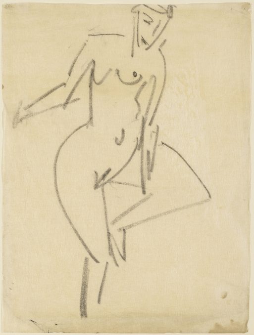 A minimalist charcoal sketch depicts a nude human figure with simple, bold lines. The figure is shown in a dynamic pose, with one arm bent and one leg raised, against a neutral background.