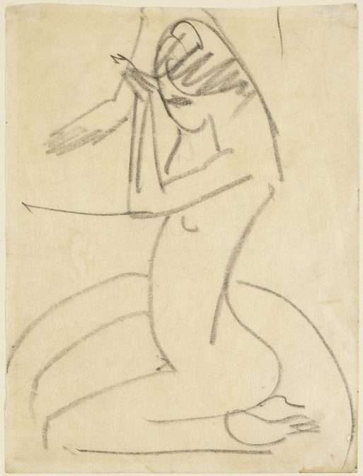 Minimalistische Strichzeichnung einer knienden nackten Figur mit angewinkelten Armen und langen, über den Rücken fallenden Haaren auf einem schlichten, hellen Hintergrund.