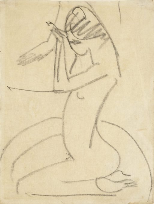 Minimalistische Strichzeichnung einer knienden nackten Figur mit angewinkelten Armen und langen, über den Rücken fallenden Haaren auf einem schlichten, hellen Hintergrund.