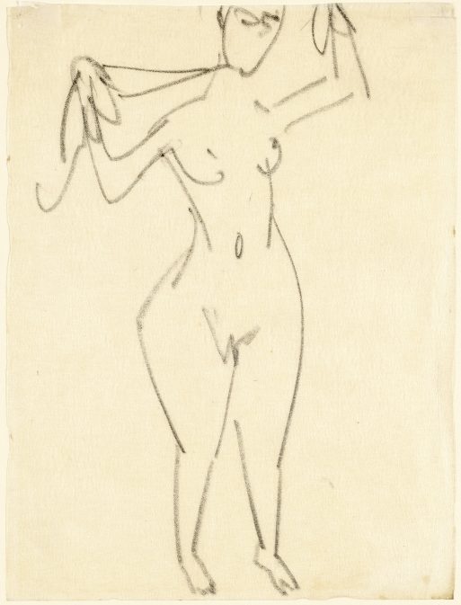 Lose Kohleskizze einer nackten, stehenden Figur, die einen Arm hebt und den anderen hinter den Kopf legt, um etwas am Hals zu binden oder zu richten. Die Zeichnung ist minimalistisch, mit einfachen, ausdrucksstarken Linien und ohne Hintergrund.