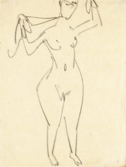 Lose Kohleskizze einer nackten, stehenden Figur, die einen Arm hebt und den anderen hinter den Kopf legt, um etwas am Hals zu binden oder zu richten. Die Zeichnung ist minimalistisch, mit einfachen, ausdrucksstarken Linien und ohne Hintergrund.