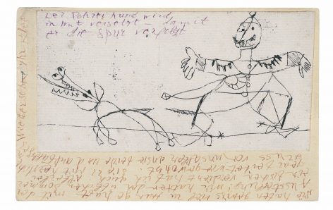 A childlike line drawing of a smiling, crowned human figure with outstretched arms, walking a long-legged animal on a leash. There is handwritten German text above and below the illustration.