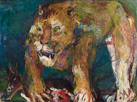 A colorful, expressive painting of a large lion with intense eyes standing over its prey, a small antelope, set against a dark, abstract background. The artwork uses bold brushstrokes and vivid colors.