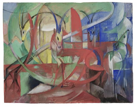 Abstract painting in vibrant colors featuring angular shapes and swirling lines that form three stylized, horned animals resembling antelopes, set against a dynamic background of greens, reds, and blues.