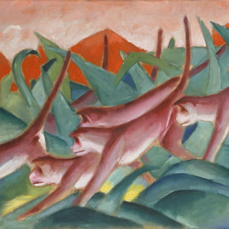 Ein farbenfrohes Gemälde von drei rosa Affen mit länglichen Körpern, die durch grünes Dschungellaub springen, mit rot-orangen Bergen und einem pfirsichfarbenen Himmel im Hintergrund. Der Stil ist abstrakt und expressionistisch.
