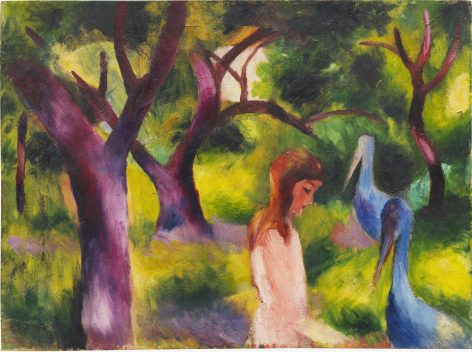 A painting shows a girl with brown hair in a white dress standing among purple trees and green foliage, accompanied by two large blue birds in a dreamy, impressionistic landscape.