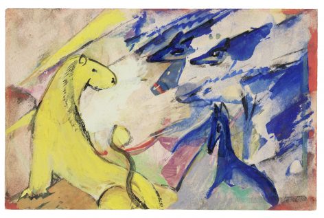 Abstract painting of a yellow lion facing three blue wolves or dogs, set against a background of swirling, colorful brushstrokes in pink, blue, and yellow. The style is expressive and impressionistic.