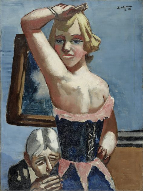 A woman in a blue corset and pink dress brushes her blonde hair in front of a mirror, while an older gray-haired man peeks over her shoulder from below. The background is blue, and the scene has a painterly style.