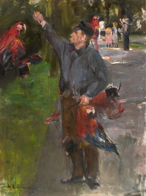 An older man stands on a path with one arm raised and a toy hobby horse in his other hand; children and adults are visible in the background among greenery.