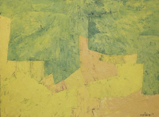 Abstraktes Gemälde mit strukturierten Pinselstrichen in Gelb- und Grüntönen sowie einem Hauch von Pfirsich. Die Farben sind in unregelmäßigen, sich überschneidenden geometrischen Formen angeordnet. Der Gesamteffekt ist lebendig und dynamisch.