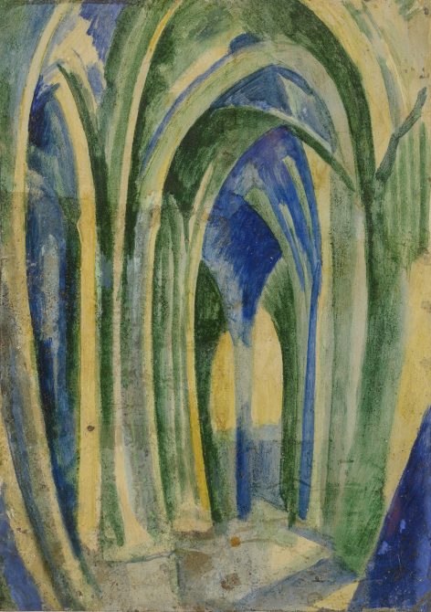 Abstract painting of a cathedral interior with tall, pointed arches in green, blue, and yellow hues, creating a sense of light and depth with bold, dynamic brushstrokes.