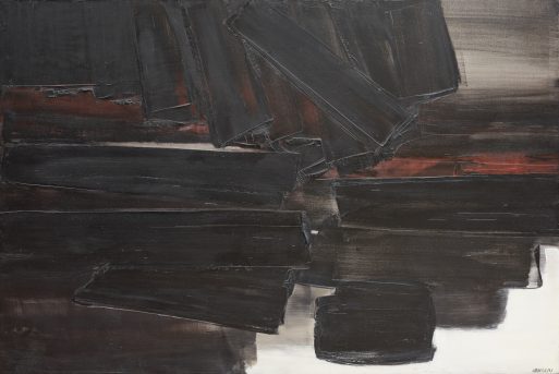 Abstraktes Gemälde mit großen, strukturierten, schwarzen, rechteckigen Formen, die sich über einen dunklen Hintergrund mit Andeutungen von Rot und Braun legen und eine kühne und dramatische Komposition ergeben.