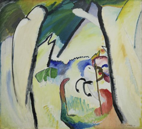 Abstract painting with bold, curving lines, patches of green, blue, red, and yellow, and overlapping organic shapes, creating a sense of movement and energy against a mostly light background.