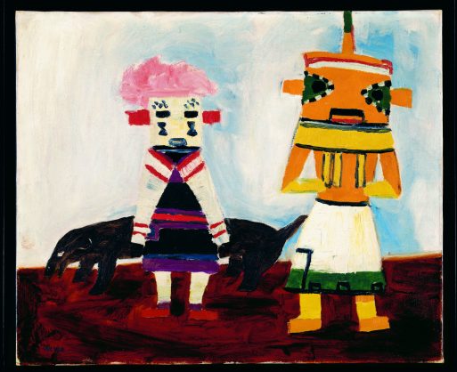Colorful abstract painting of two stylized human figures with geometric faces and bold shapes, one in a striped outfit with pink hair, the other orange and green, standing on a reddish ground with a black animal behind them.