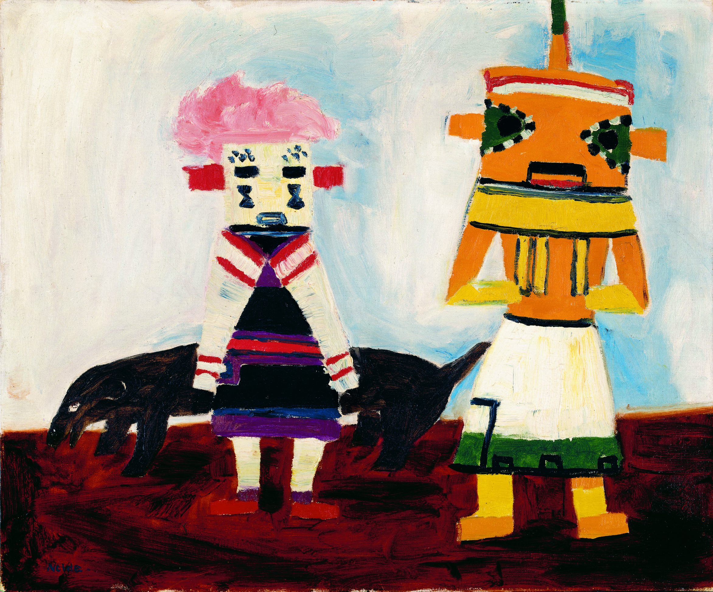 Zwei abstrakte, farbenfrohe Figuren stehen nebeneinander auf einer rotbraunen Fläche mit einem blassblauen Himmel im Hintergrund; die eine trägt rosa und hat einen rosa Kopf, die andere ist orange und grün mit geometrischen Formen. Hinter ihnen befindet sich eine dunkle Tiergestalt.