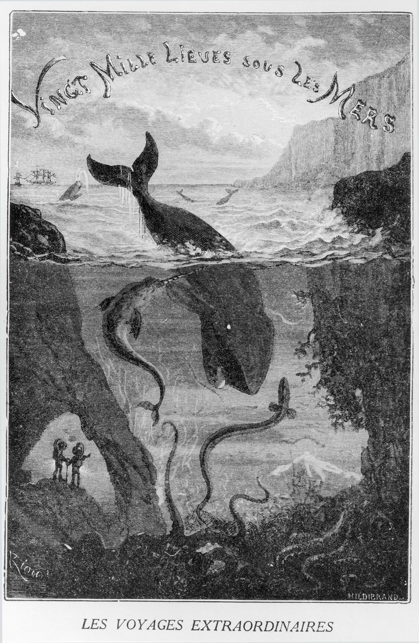 Illustration eines riesigen Wals und von Meerestieren unter Wasser, mit zwei Menschen am Ufer und einem Schiff im Hintergrund. Der französische Titel lautet Vingt Mille Lieues sous les Mers (Zwanzigtausend Meilen unter dem Meer).