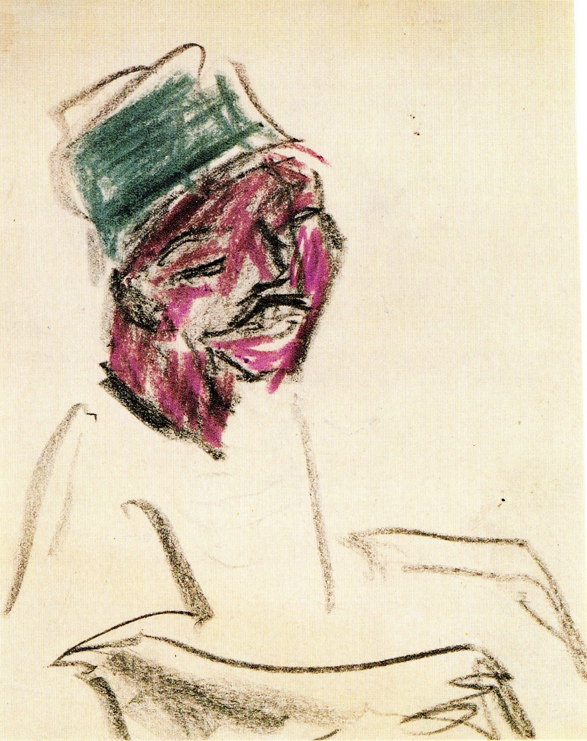 Eine lockere, ausdrucksstarke Skizze einer Person mit dunklen Hauttönen und einem grünen Hut, gezeichnet mit schwungvollen, groben Linien und Andeutungen von Rosa und Schwarz auf einem schlichten Hintergrund. Die Figur scheint zu sitzen und sanft zu lächeln.