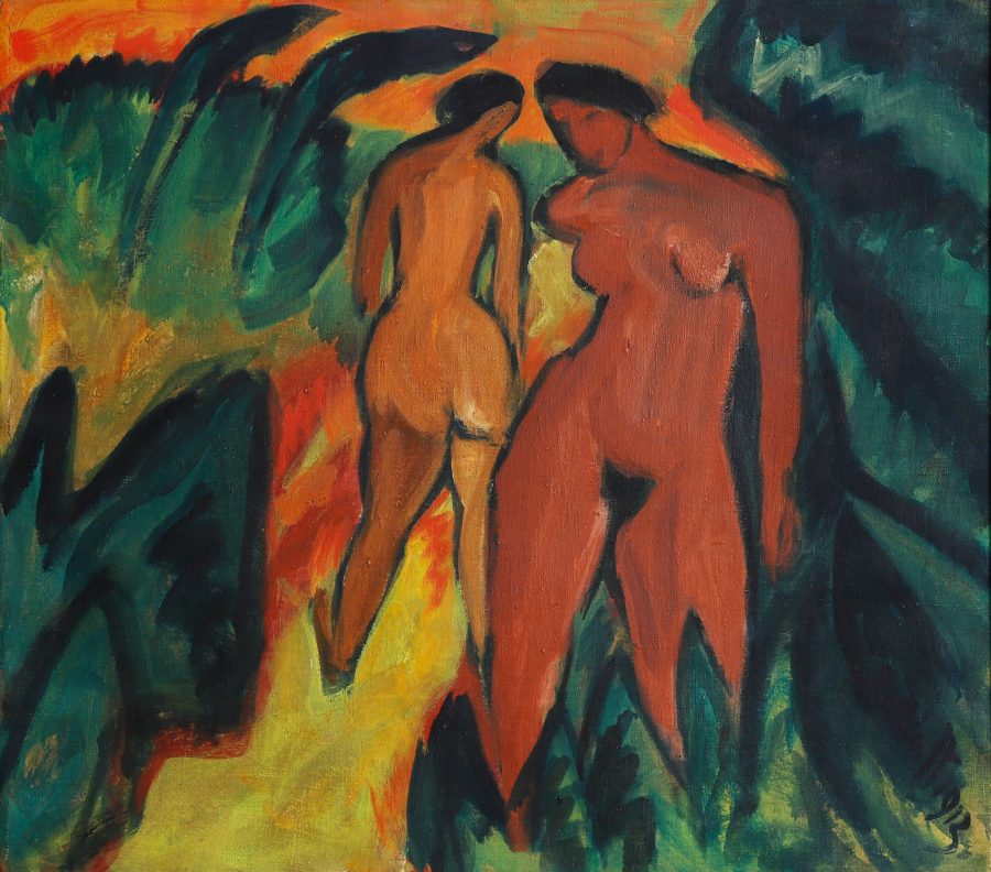 Zwei abstrakte, nackte Figuren mit kräftigen, erdigen Tönen stehen in einer üppigen Landschaft mit leuchtenden Grün-, Blau- und Orangetönen - gemalt in einem ausdrucksstarken, modernistischen Stil, der an Werke aus dem Presse Franz Marc Museum erinnert.