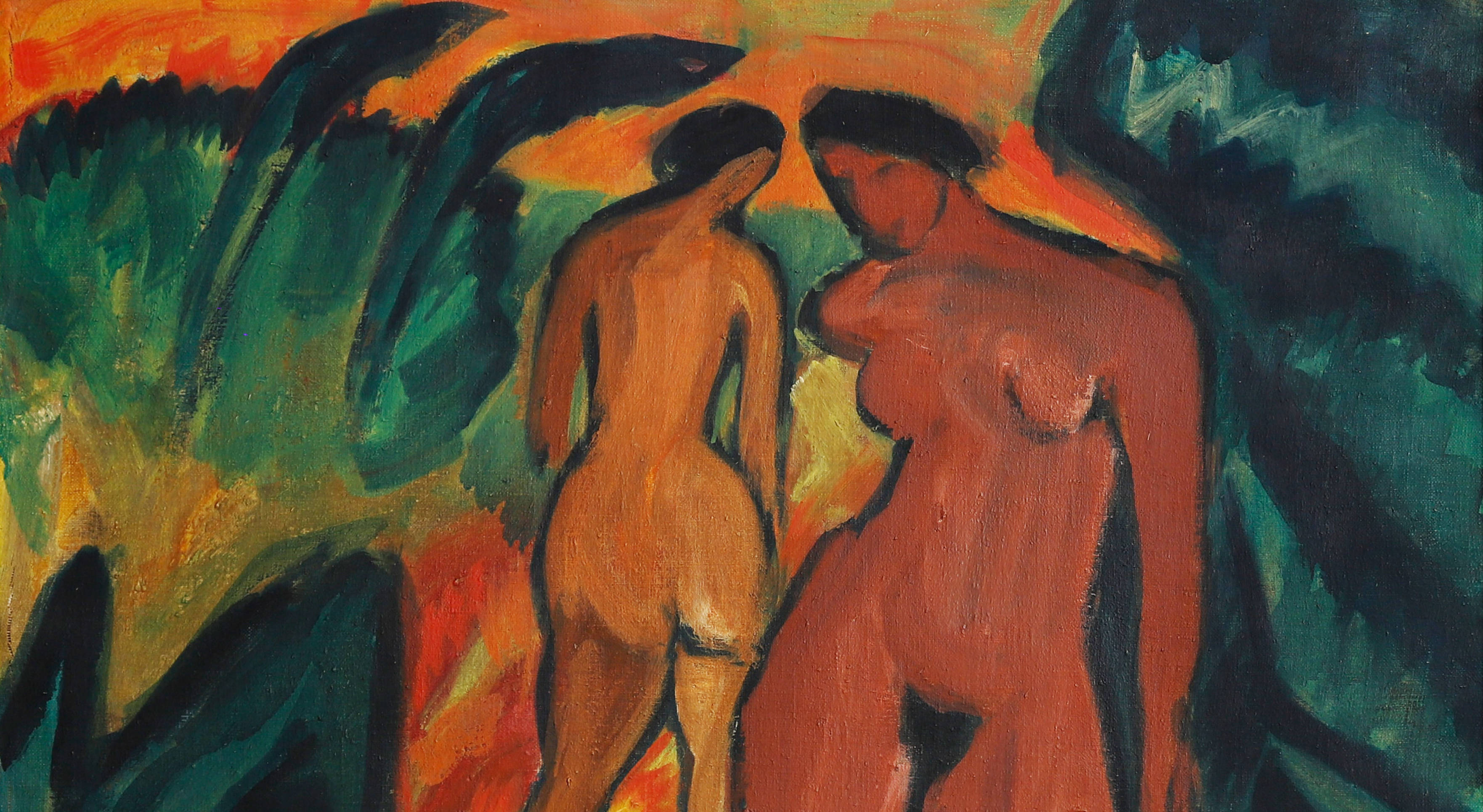 Zwei nackte Figuren mit dunklem Haar stehen in einer lebendigen, abstrakten Landschaft aus grünen, orangen und gelben Pinselstrichen. Diese ausdrucksstarke, kühne Szene bietet eine Vorschau auf kommende Ausstellungen für Kunstliebhaber.