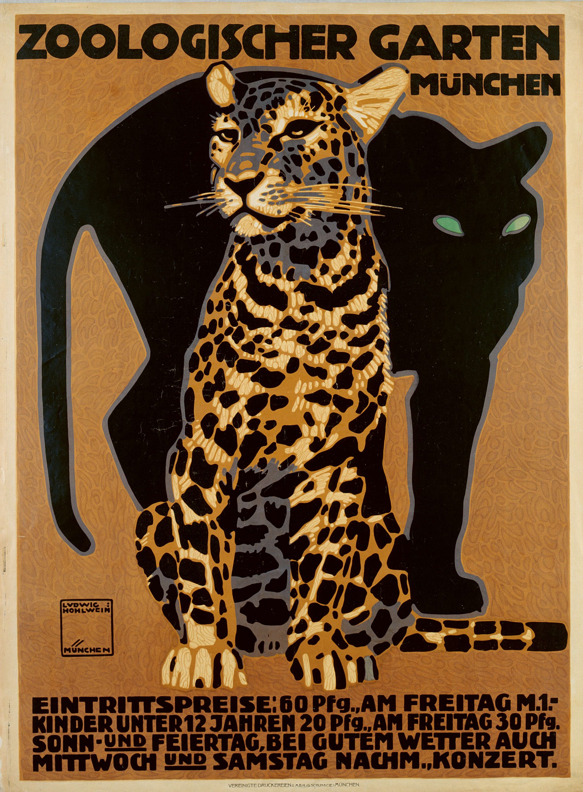 DasPlakat für den Münchner Zoo zeigt einen Leoparden vor einem schattenhaften schwarzen Panther auf hellbraunem Hintergrund, mit fettgedrucktem deutschen Text oben und unten, der die Eintrittspreise und Konzertinformationen angibt.