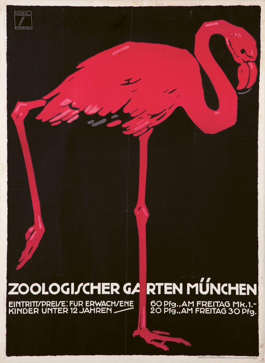 Die Illustration eines rosa Flamingos steht auf einem Bein vor einem schwarzen Hintergrund. Der Text am unteren Rand lautet: "Zoologischer Garten München", mit zusätzlichen Informationen über Eintrittspreise und -zeiten.