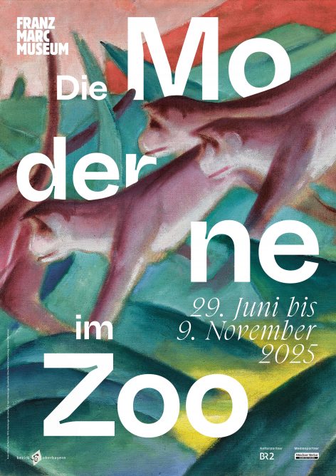 Ausstellungsplakat für "Die Moderne im Zoo" im Franz Marc Museum, das ein abstraktes Gemälde mit Tieren und Veranstaltungsdaten zeigt: 29. Juni bis 9. November 2025.