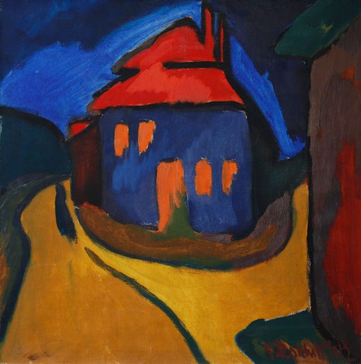 Expressionistisches Gemälde eines Hauses mit rotem Dach und blauen Wänden, leuchtenden orangefarbenen Fenstern, vor einem dunkelblauen Himmel. Ein gewundener gelber Weg führt zu dem Haus. Kräftige, lebhafte Farben und starke Konturen dominieren die Szene.