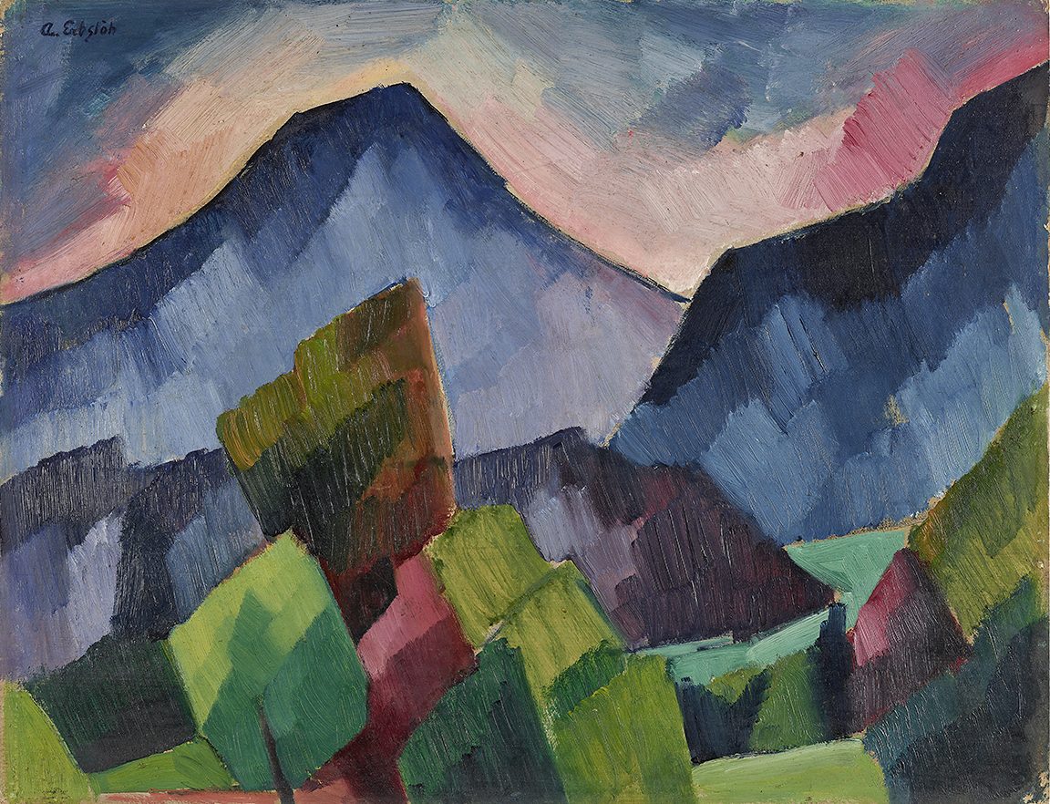 Abstract landscape painting with bold, angular brushstrokes depicting blue mountains under a pink sky, with geometric shapes in the foreground—an exciting Vorschau auf kommenden Ausstellungen for lovers of contemporary art.