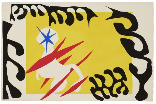 Abstraktes Kunstwerk mit einem gelben Rechteck, das von organischen schwarzen Formen umrandet ist und an Zoo und Moderne erinnert. In der Mitte steht eine weiße pferdeähnliche Figur mit einem blauen Stern als Kopf, die von kräftigen roten diagonalen Schrägstrichen auf cremefarbenem Hintergrund durchschnitten wird.