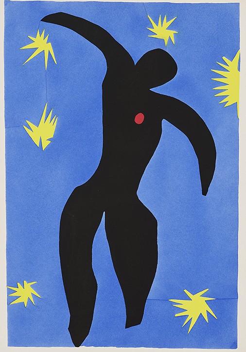 Eine schwarze Silhouette einer menschlichen Figur mit einem roten Punkt auf der Brust steht vor einem blauen Hintergrund, der von gelben Sternen umgeben ist. Das Kunstwerk im Stil einer Cut-Paper-Collage erinnert an den Geist von Zoo und Moderne.